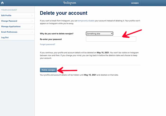 how to delete instagram account from app