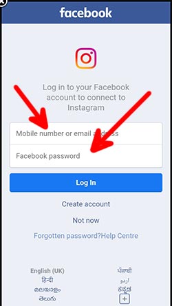 insta login by fb