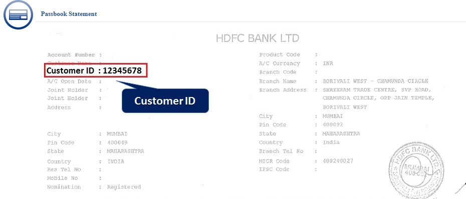 HDFC Customer ID On Passbook