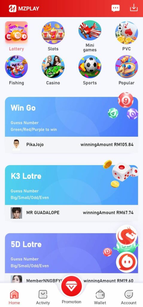 MZ Play app popular lottery games